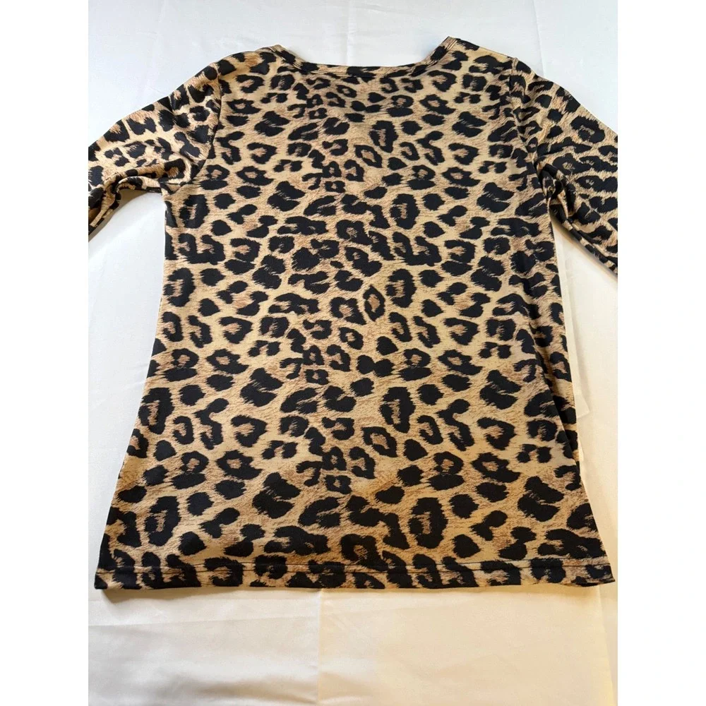 Womens Leopard Print Long Sleeve Henley Shirt Tan Black Animal Pattern Top Small